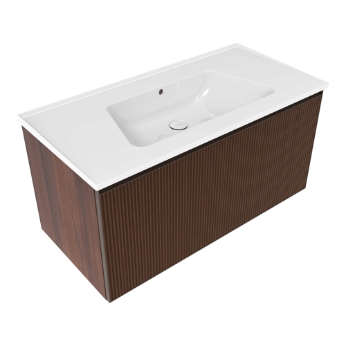 Immagine di Flaminia CUBIKA/BLOOM set con mobile sottolavabo L.105 cm, 1 cassetto, finitura noce greca e lavabo L.105 cm con troppopieno, colore bianco finitura lucido BCK893LNK+BM105L