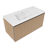 Immagine di Flaminia CUBIKA/BLOOM set con mobile sottolavabo L.105 cm, 1 cassetto, finitura rovere naturale greca e lavabo L.105 cm con troppopieno, colore bianco finitura lucido BCK893LLK+BM105L