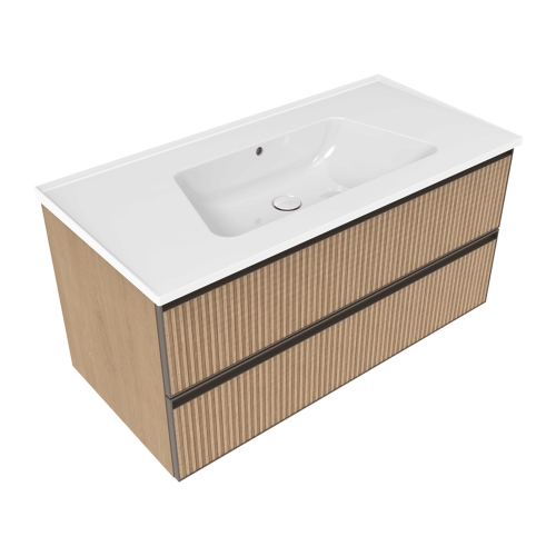 Immagine di Flaminia CUBIKA/BLOOM set con mobile sottolavabo L.105 cm, 2 cassetti, finitura rovere naturale greca e lavabo L.105 cm con troppopieno, colore bianco finitura lucido BCK839LLK+BM105L