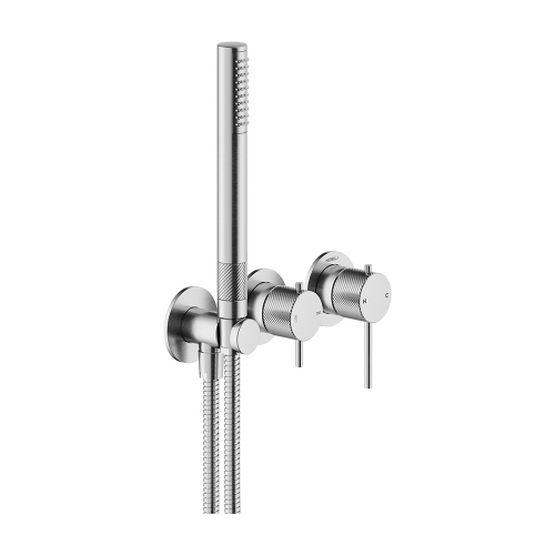 Immagine di Nobili RESPIRO miscelatore monocomando a parete per doccia, a 2 vie, con deviatore, doccetta e flessibile 150 cm, senza corpo incasso, finitura inox spazzolato WESK100/1RSIX