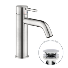 Immagine di Nobili LIVE miscelatore monocomando H.18 cm per lavabo, con scarico 1 1/4” push, finitura inox spazzolato LV00118/16IX