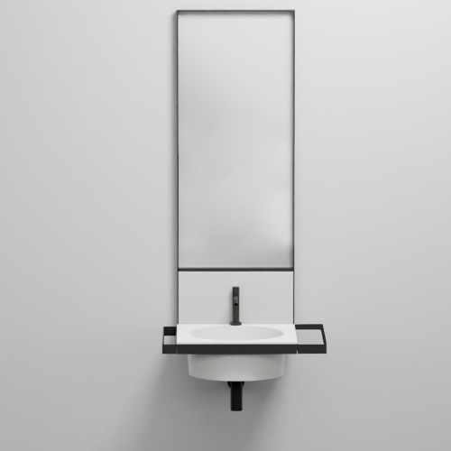 Immagine di Cielo ELLE set composto da lavabo 50 cm e alzatina, colore talco finitura opaco, struttura in acciaio per lavabo, potasciugamani e barra porta accessori colore nero finitura opaco e specchio H.110 cm con profilo colore nero finitura opaco KITELLE-1