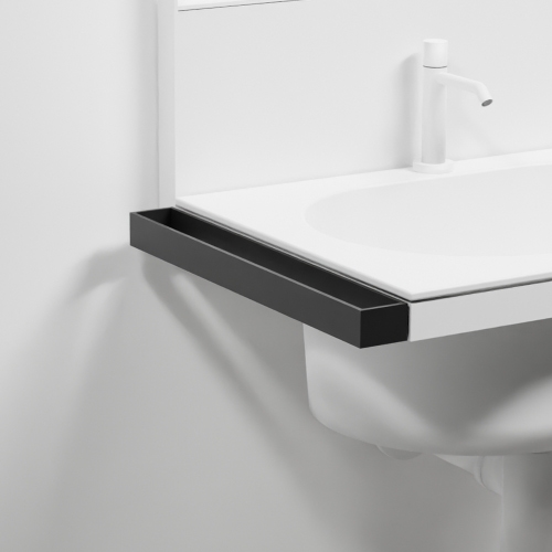 Immagine di Cielo ELLE set composto da lavabo 70 cm e alzatina, colore bianco finitura lucido, struttura in acciaio per lavabo, potasciugamani colore nero finitura opaco e specchio H.110 cm con profilo colore nero finitura opaco KITELLE-2