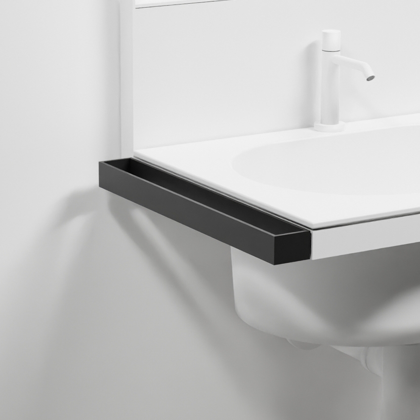 Immagine di Cielo ELLE set composto da lavabo 70 cm e alzatina, colore bianco finitura lucido, struttura in acciaio per lavabo, potasciugamani colore nero finitura opaco e specchio H.110 cm con profilo colore nero finitura opaco KITELLE-2