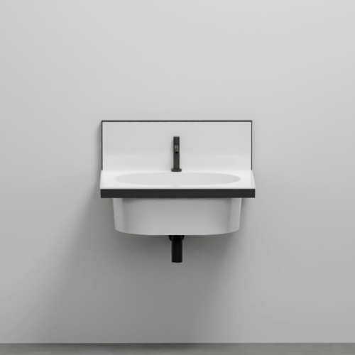 Immagine di Cielo ELLE set con lavabo rettangolare L.70 cm monoforo e alzatina in ceramica, colore bianco finitura lucido, e struttura per lavabo in acciaio, colore nero finitura opaco EKLAO+ELP70+ELSTONM
