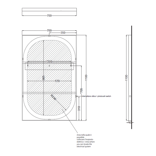 Immagine di Cielo ELLE set composto da lavabo 70 cm e alzatina, colore bianco finitura lucido, struttura in acciaio per lavabo, potasciugamani colore nero finitura opaco e specchio H.110 cm con profilo colore nero finitura opaco KITELLE-2