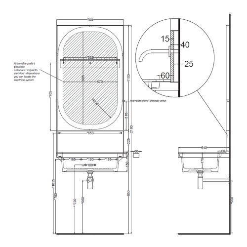 Immagine di Cielo ELLE set composto da lavabo 70 cm e alzatina, colore bianco finitura lucido, struttura in acciaio per lavabo, potasciugamani colore nero finitura opaco e specchio H.110 cm con profilo colore nero finitura opaco KITELLE-2
