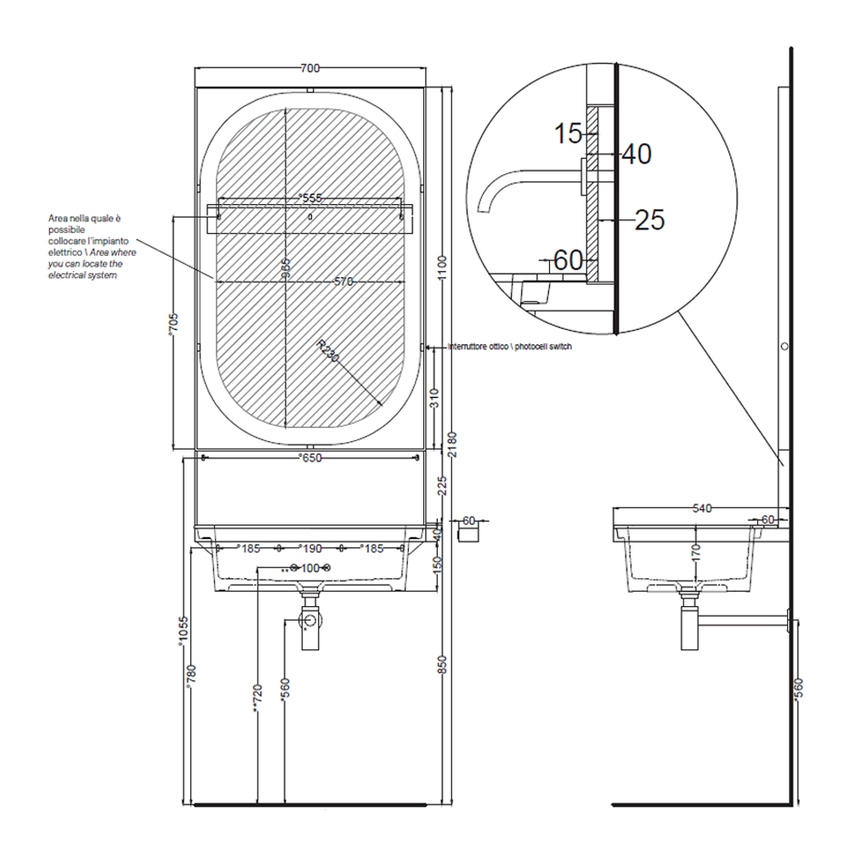 Immagine di Cielo ELLE set composto da lavabo 70 cm e alzatina, colore bianco finitura lucido, struttura in acciaio per lavabo, potasciugamani colore nero finitura opaco e specchio H.110 cm con profilo colore nero finitura opaco KITELLE-2
