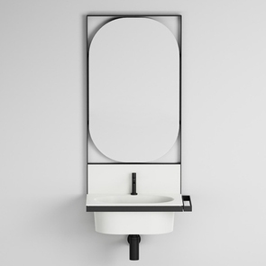 Immagine di Cielo ELLE set composto da lavabo 70 cm e alzatina, colore bianco finitura lucido, struttura in acciaio per lavabo, potasciugamani colore nero finitura opaco e specchio H.110 cm con profilo colore nero finitura opaco KITELLE-2