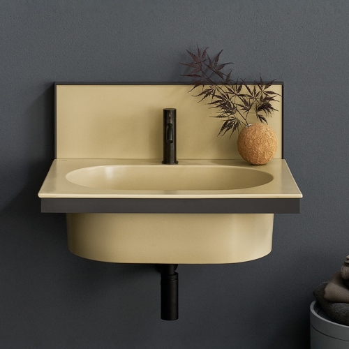 Immagine di Cielo ELLE set con lavabo rettangolare L.70 cm monoforo e alzatina in ceramica, colore canapa finitura opaco, e struttura per lavabo in acciaio, colore nero finitura opaco EKLAOCN+ELP70CN+ELSTONM