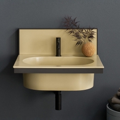 Immagine di Cielo ELLE set con lavabo rettangolare L.70 cm monoforo e alzatina in ceramica, colore canapa finitura opaco, e struttura per lavabo in acciaio, colore nero finitura opaco EKLAOCN+ELP70CN+ELSTONM