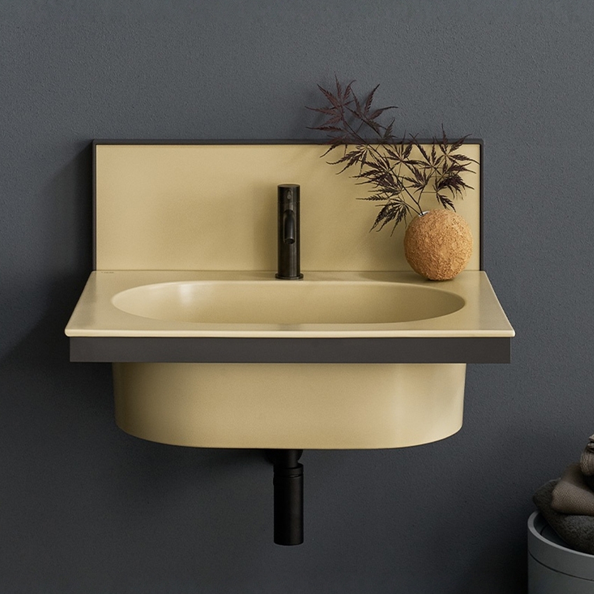 Immagine di Cielo ELLE set con lavabo rettangolare L.70 cm monoforo e alzatina in ceramica, colore canapa finitura opaco, e struttura per lavabo in acciaio, colore nero finitura opaco EKLAOCN+ELP70CN+ELSTONM