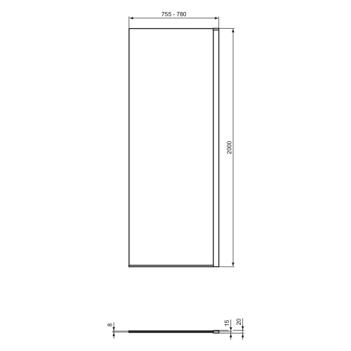 Immagine di Ideal Standard I.LIFE cabina doccia walk-in L.75.5 H.200 P.2 cm, vetro temperato trasparente spessore 8 mm, finitura brill lucido T5536EO