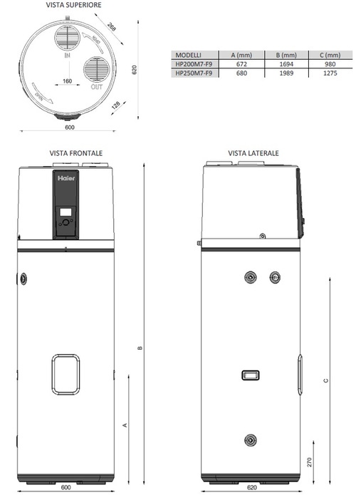 Immagine di Haier M7 Scaldacqua a pompa di calore MONOBLOCCO R290 a pavimento, capacità 250 litri HP250M7-F9