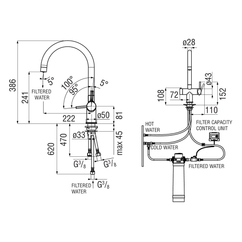 Immagine di Nobili SORGENTE FILTRA miscelatore bicomando con sistema filtrante H.39 cm, con bocca girevole, finitura cromo LV129133/3VBCR