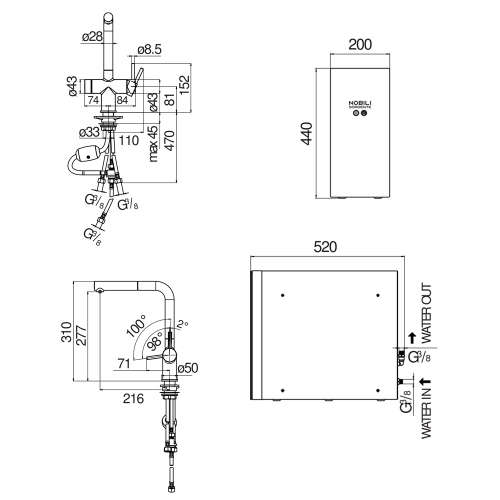 Immagine di Nobili SORGENTE FRIZZA miscelatore bicomando elettronico con sistema frigo-gasatore H.31 cm, con bocca girevole e doccetta estraibile, finitura cromo LV0K117/EFRCR