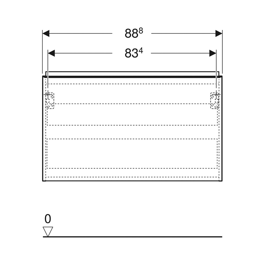 Immagine di Geberit ACANTO mobile sottolavabo sospeso L.90 cm, per lavabo standard e slim, con un cassetto esterno e interno, corpo colore bianco finitura lucido, cassetti colore bianco finitura vetro lucido 503.005.01.2