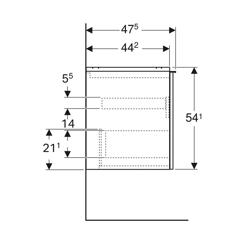 Immagine di Geberit ACANTO mobile sottolavabo sospeso L.90 cm, per lavabo standard e slim, con un cassetto esterno e interno, corpo colore lava finitura opaco, cassetti colore lava finitura vetro lucido 503.005.JK.2