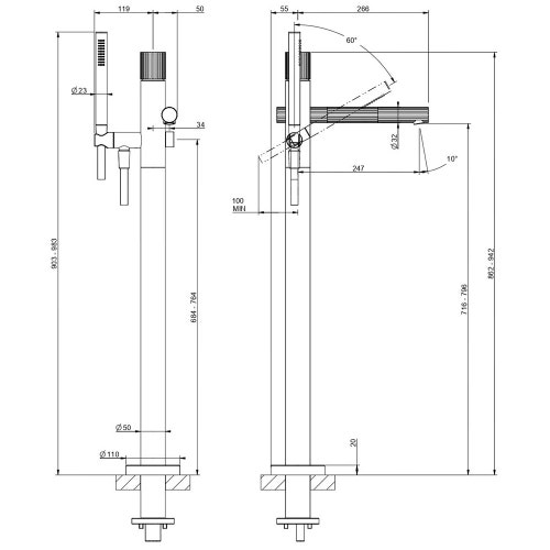 Immagine di Gessi INCASTRI miscelatore vasca, miscelazione meccanica, con deviatore automatico e doccetta anticalcare, finitura cromo 75028#031