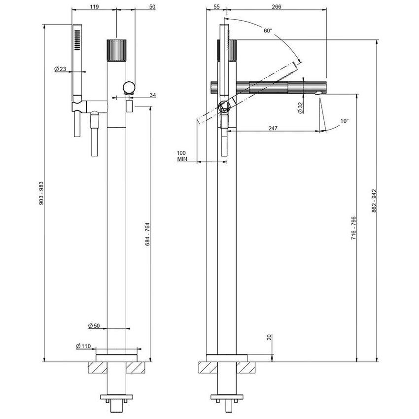 Immagine di Gessi INCASTRI miscelatore vasca, miscelazione meccanica, con deviatore automatico e doccetta anticalcare, finitura cromo 75028#031