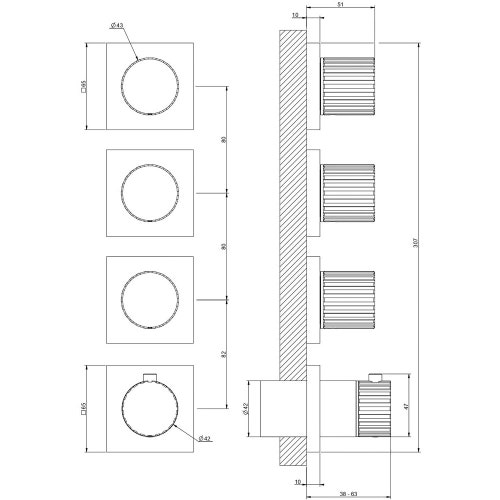 Immagine di Gessi INCASTRI miscelatore doccia a parete a tre vie, miscelazione termostatica, finitura cromo 75336#031