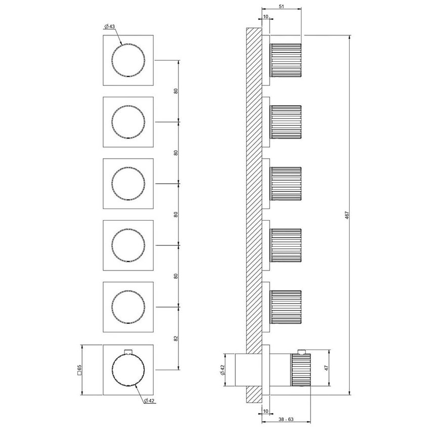 Immagine di Gessi INCASTRI miscelatore doccia a parete a cinque vie, miscelazione termostatica, finitura cromo 75340#031