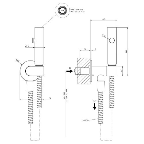 Immagine di Gessi SHOWER doccetta Igienica a pulsante Shut-Off a parete con valvola di sicurezza e attacco da 1/2, finitura cromo 45124#031