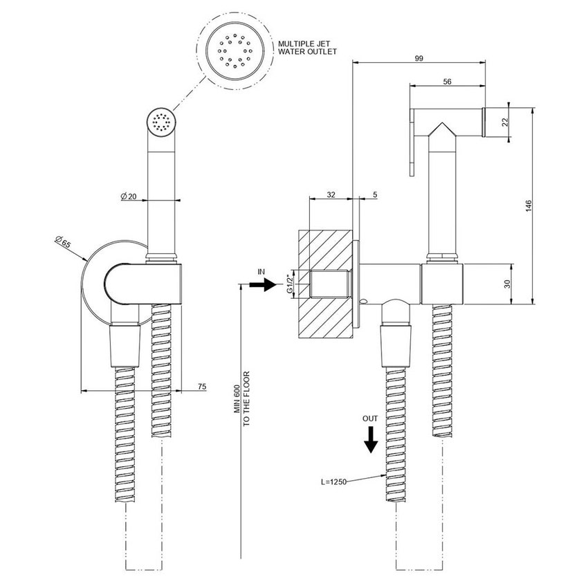 Immagine di Gessi SHOWER doccetta Igienica a pulsante Shut-Off a parete con valvola di sicurezza e attacco da 1/2, colore nero finitura opaco 45126#299