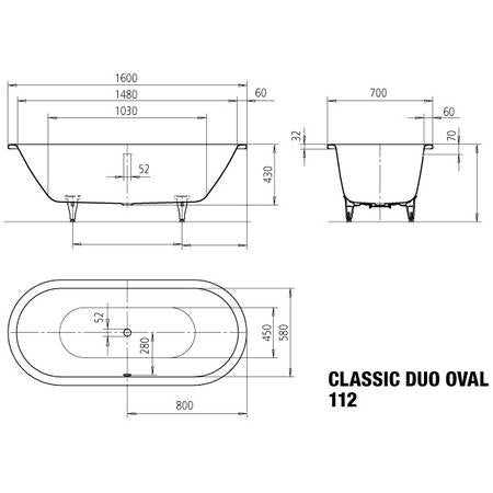 Immagine di Kaldewei CLASSIC DUO OVAL vasca ovale L.160 P.70 cm, in acciaio smaltato, colore bianco alpino finitura opaco 291300010711