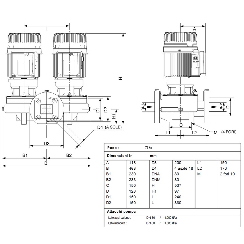 Immagine di Dab Pumps DKLP 80-1200 T pompa in linea per il condizionamento, il riscaldamento, DN80, trifase, portata massima 60 m3/h - prevalenza massima 11,9 m 60214786