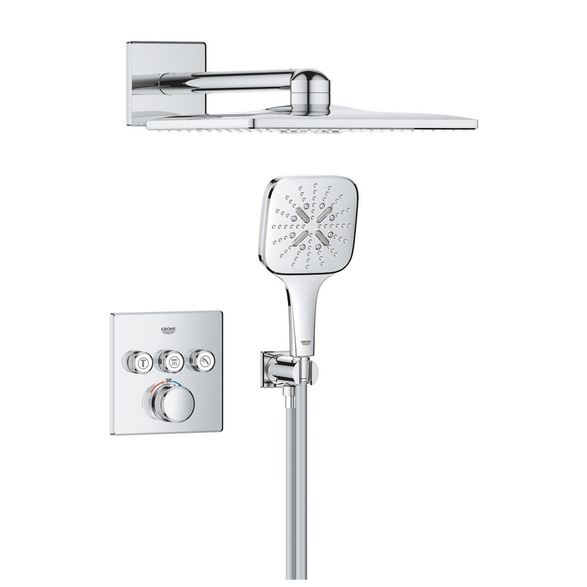 Immagine di Grohe GROHTHERM SMARTCONTROL set doccia con miscelatore termostatico doccia incasso 3 vie square con rainshower smartactive 310 cube, finitura cromo 1039980000