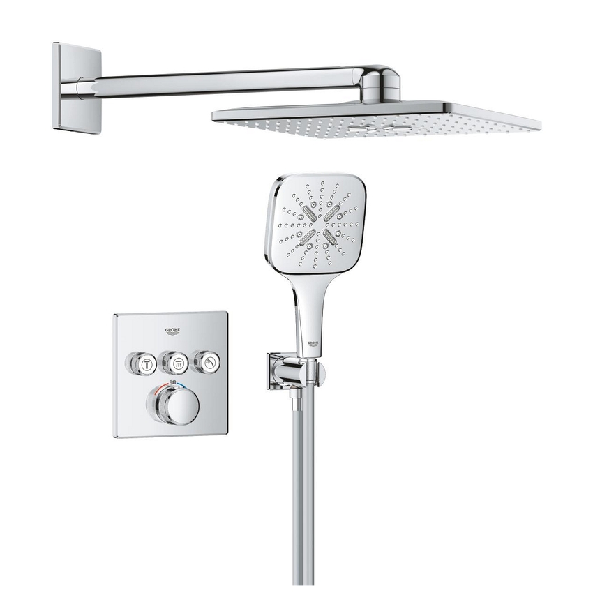 Immagine di Grohe GROHTHERM SMARTCONTROL set doccia con miscelatore termostatico doccia incasso 3 vie square con rainshower smartactive 310 cube, finitura cromo 1039980000