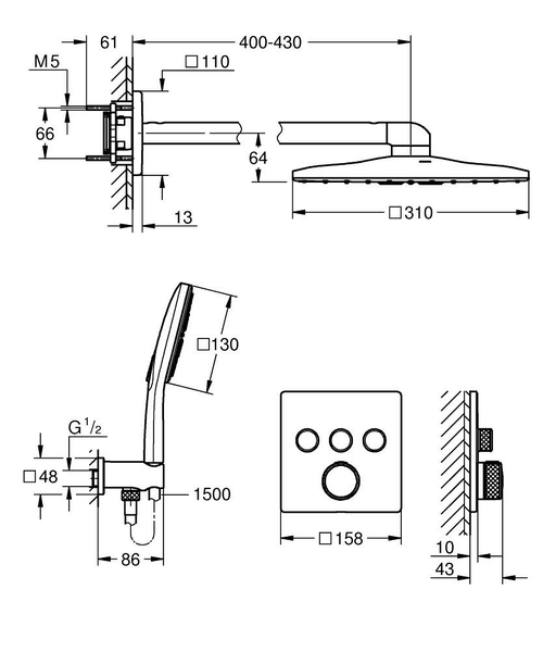 Immagine di Grohe GROHTHERM SMARTCONTROL set doccia con miscelatore termostatico doccia incasso 3 vie square con rainshower smartactive 310 cube, finitura cromo 1039980000