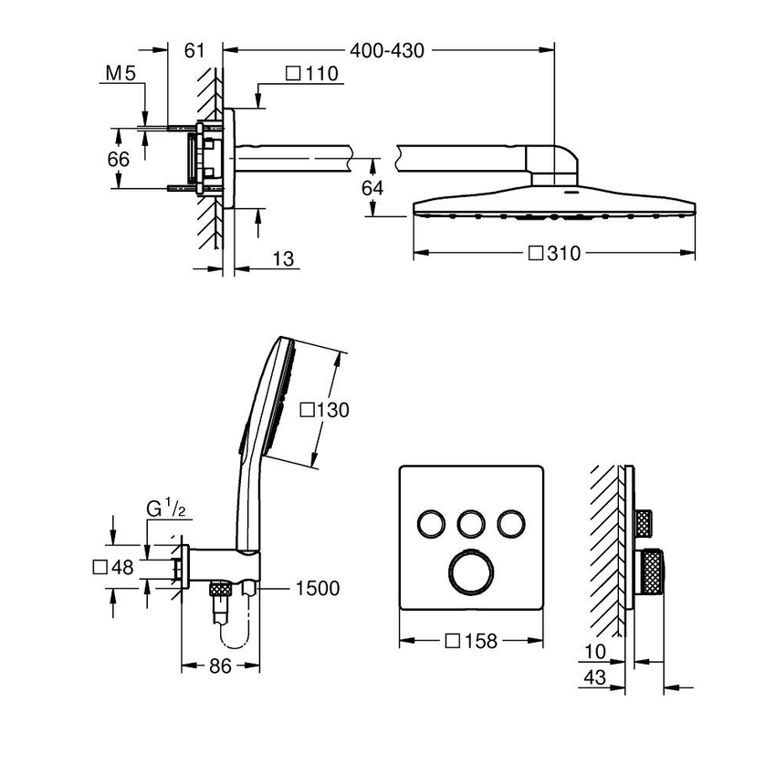 Immagine di Grohe GROHTHERM SMARTCONTROL set doccia con miscelatore termostatico doccia incasso 3 vie square con rainshower smartactive 310 cube, finitura cromo 1039980000
