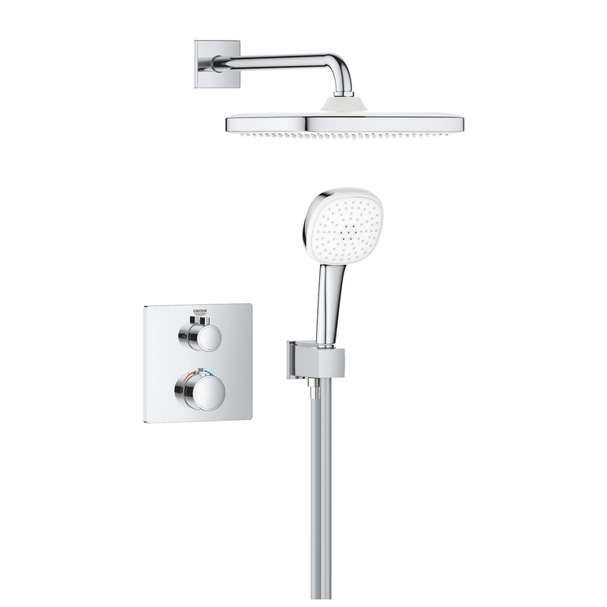 Immagine di Grohe GROHTHERM set doccia con miscelatore termostatico doccia incasso 2 vie square con soffione tempesta 250 cube, finitura cromo 1039950000