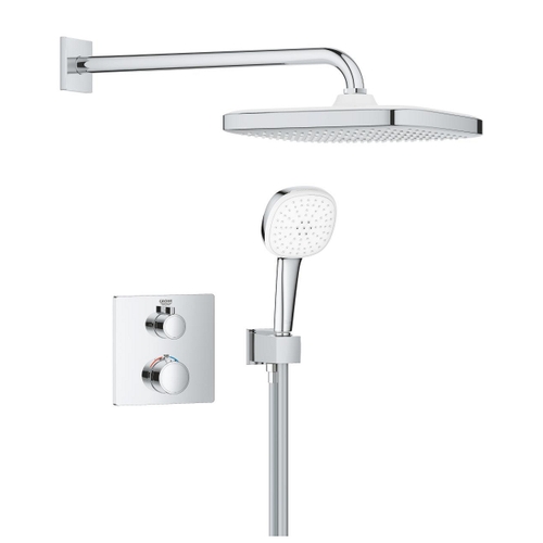 Immagine di Grohe GROHTHERM set doccia con miscelatore termostatico doccia incasso 2 vie square con soffione tempesta 250 cube, finitura cromo 1039950000