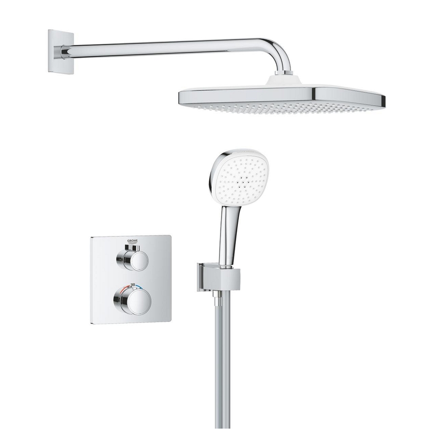 Immagine di Grohe GROHTHERM set doccia con miscelatore termostatico doccia incasso 2 vie square con soffione tempesta 250 cube, finitura cromo 1039950000