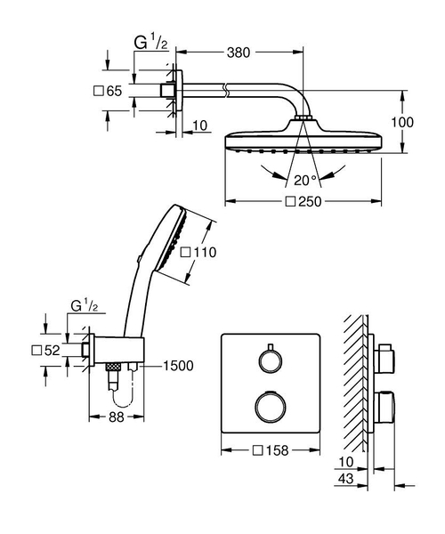 Immagine di Grohe GROHTHERM set doccia con miscelatore termostatico doccia incasso 2 vie square con soffione tempesta 250 cube, finitura cromo 1039950000