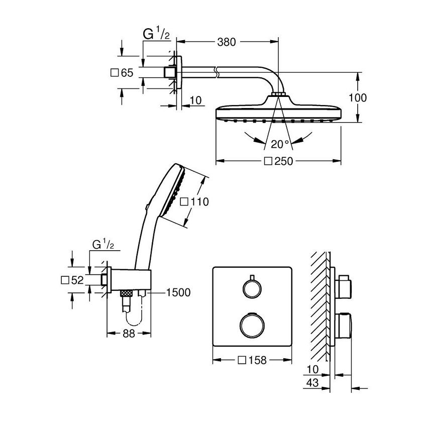 Immagine di Grohe GROHTHERM set doccia con miscelatore termostatico doccia incasso 2 vie square con soffione tempesta 250 cube, finitura cromo 1039950000