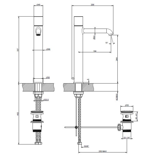Immagine di Gessi HABITO miscelatore lavabo H.33.7 cm, con piletta Stop&Go, con flessibili di collegamento, finitura cromo 70003#031