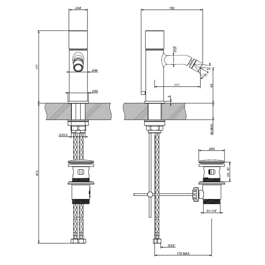 Immagine di Gessi HABITO miscelatore bidet, con scarico Stop&Go e flessibili di collegamento, finitura cromo 70007#031