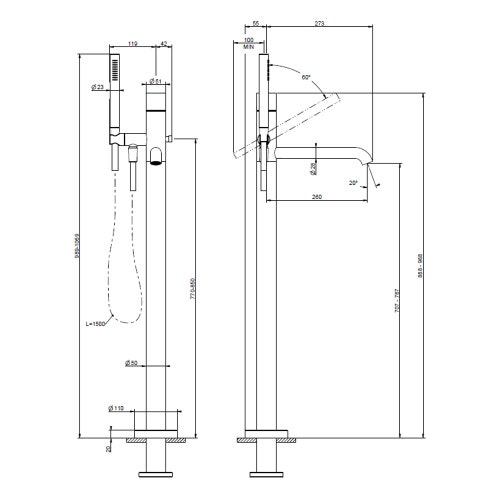 Immagine di Gessi HABITO miscelatore vasca da terra con deviatore automatico, finitura cromo 70028#031