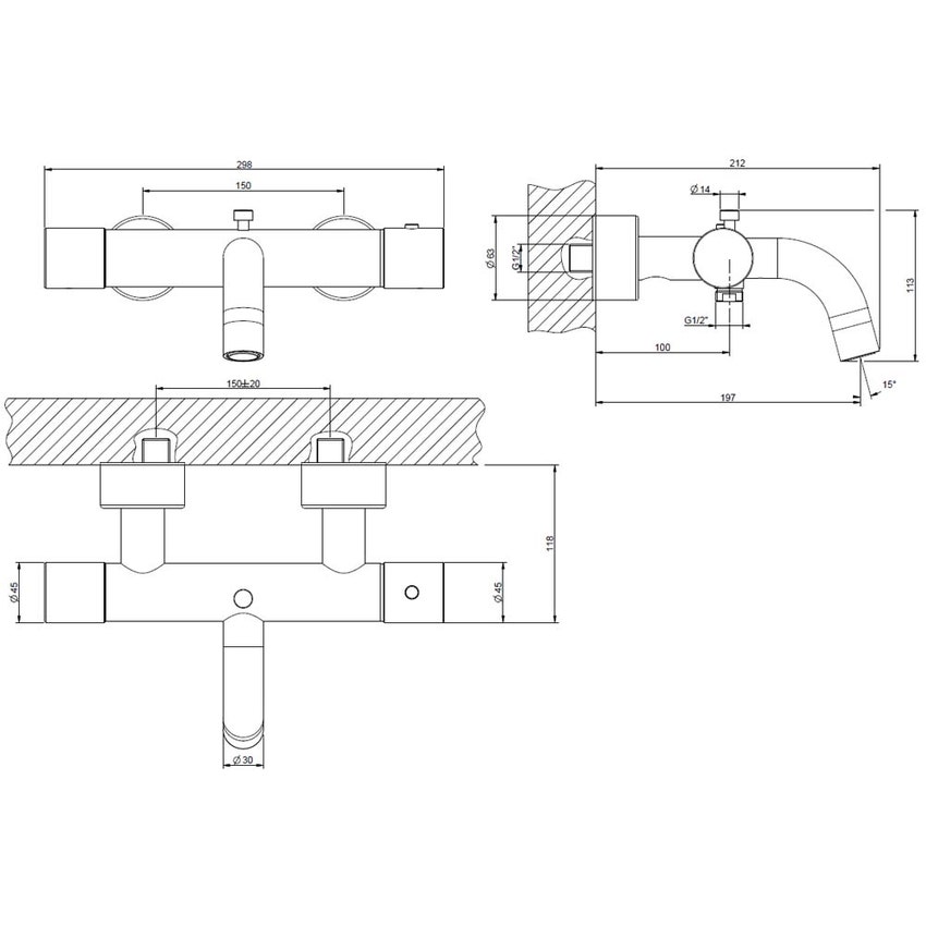 Immagine di Gessi HABITO miscelatore termostatico vasca con bocca di erogazione, presa acqua e deviatore automatico, finitura cromo 70013#031