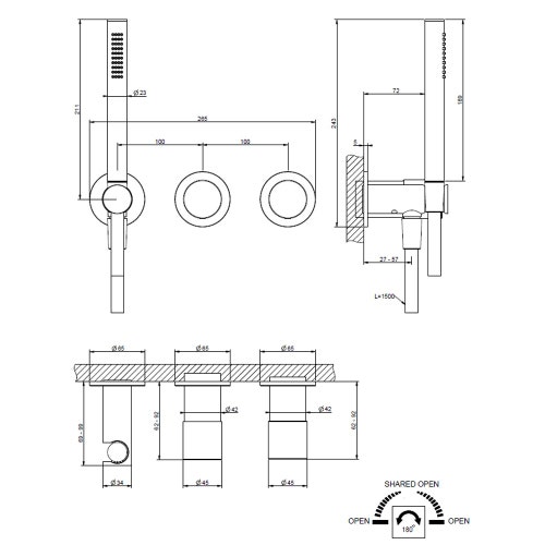 Immagine di Gessi HABITO miscelatore doccia a parete due vie con deviatore, presa acqua, supporto doccetta e doccetta, finitura cromo 70038#031