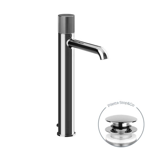 Immagine di Gessi HABITO RIGATO miscelatore lavabo H.33.7 cm, con piletta Stop&Go e flessibili di collegamento, finitura cromo 70503#031