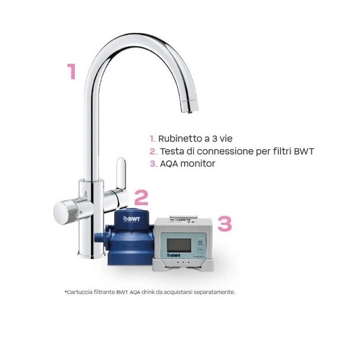 Immagine di BWT Cillit Kit AQA drink PURE 2.0 miscelatore monocomando per lavello con sistema filtrante dell’acqua, finitura cromo 125560433