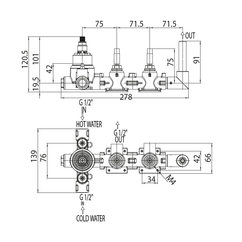 Immagine di Bossini Corpo incasso termostatico doccia a 2 uscite connessione per supporto doccia Z00135000000005