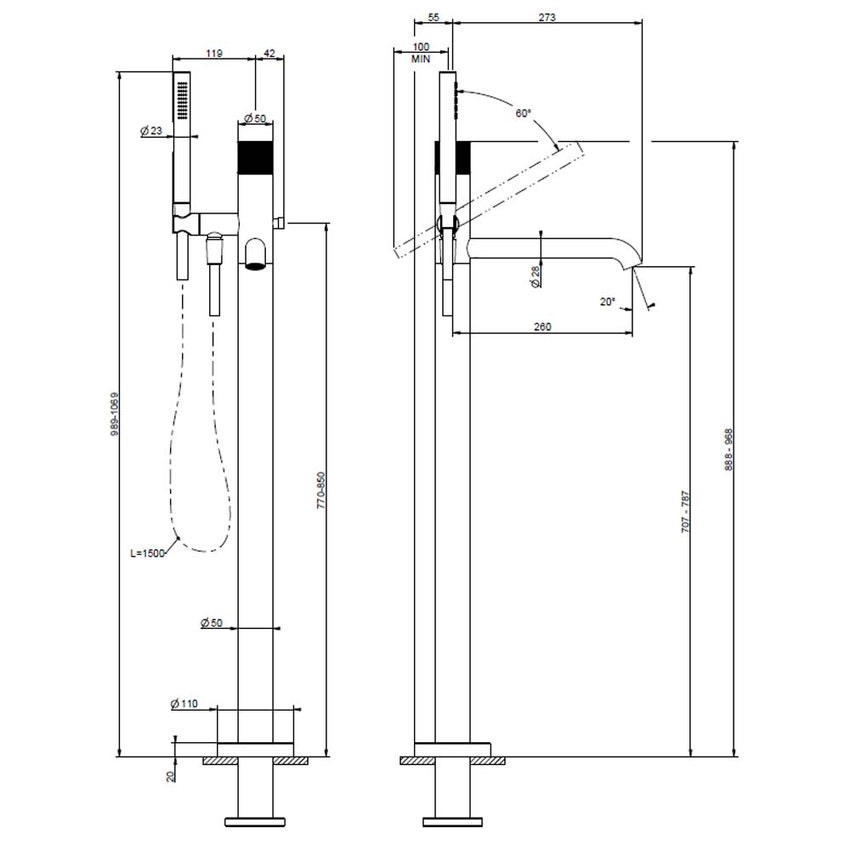 Immagine di Gessi HABITO RIGATO miscelatore vasca da terra con deviatore automatico, finitura cromo 70528#031