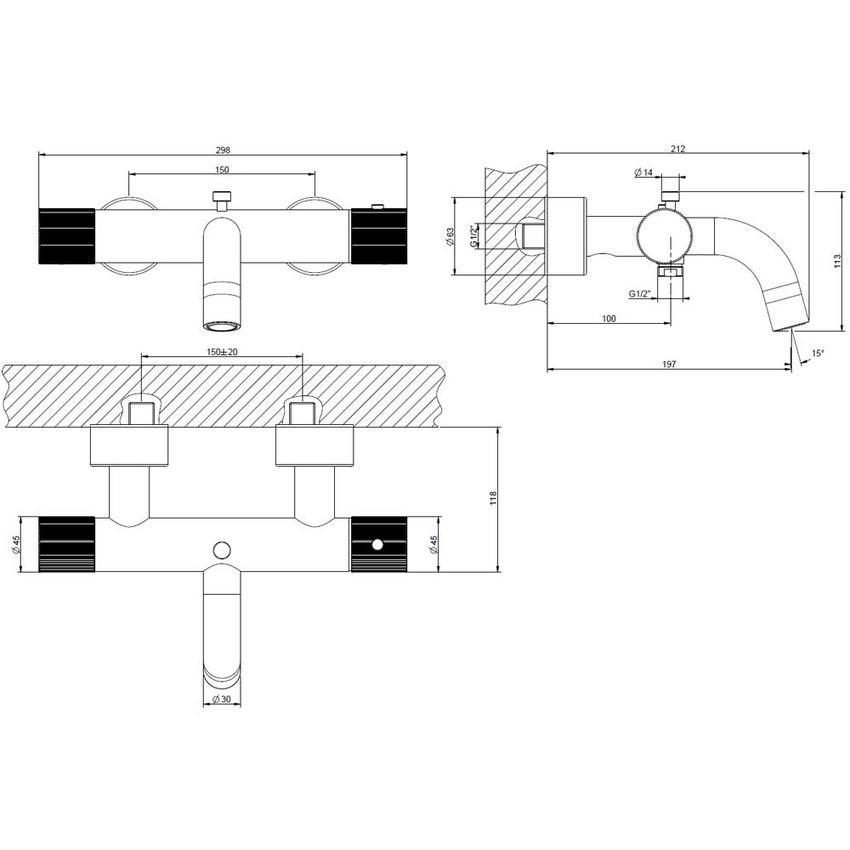 Immagine di Gessi HABITO RIGATO miscelatore termostatico vasca con bocca di erogazione, presa acqua e deviatore automatico, finitura cromo 70513#031