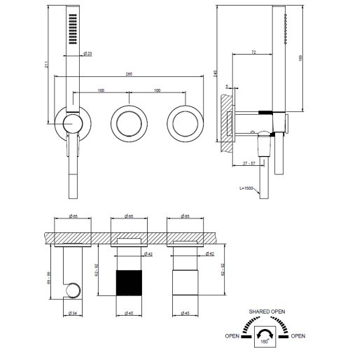 Immagine di Gessi HABITO RIGATO miscelatore doccia a parete due vie con deviatore, presa acqua, supporto doccetta e doccetta, finitura cromo 70538#031